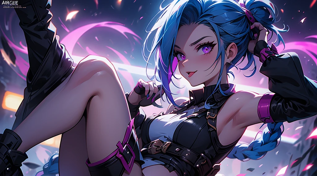 Jinx, arcane, league of legends, nsfw, crazy, guns, combat outfit, digital illustration, vibrant colors, soft lighting, absurdres, ultrasharp, 8K, tongue out, crazy expression, hair flying, gun shooting, gun aimed at you