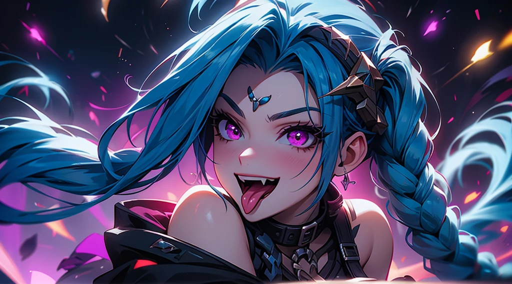 Jinx, arcane, league of legends, nsfw, crazy, guns, combat outfit, digital illustration, vibrant colors, soft lighting, absurdres, ultrasharp, 8K, tongue out, crazy expression, hair flying, gun shooting, gun aimed at you