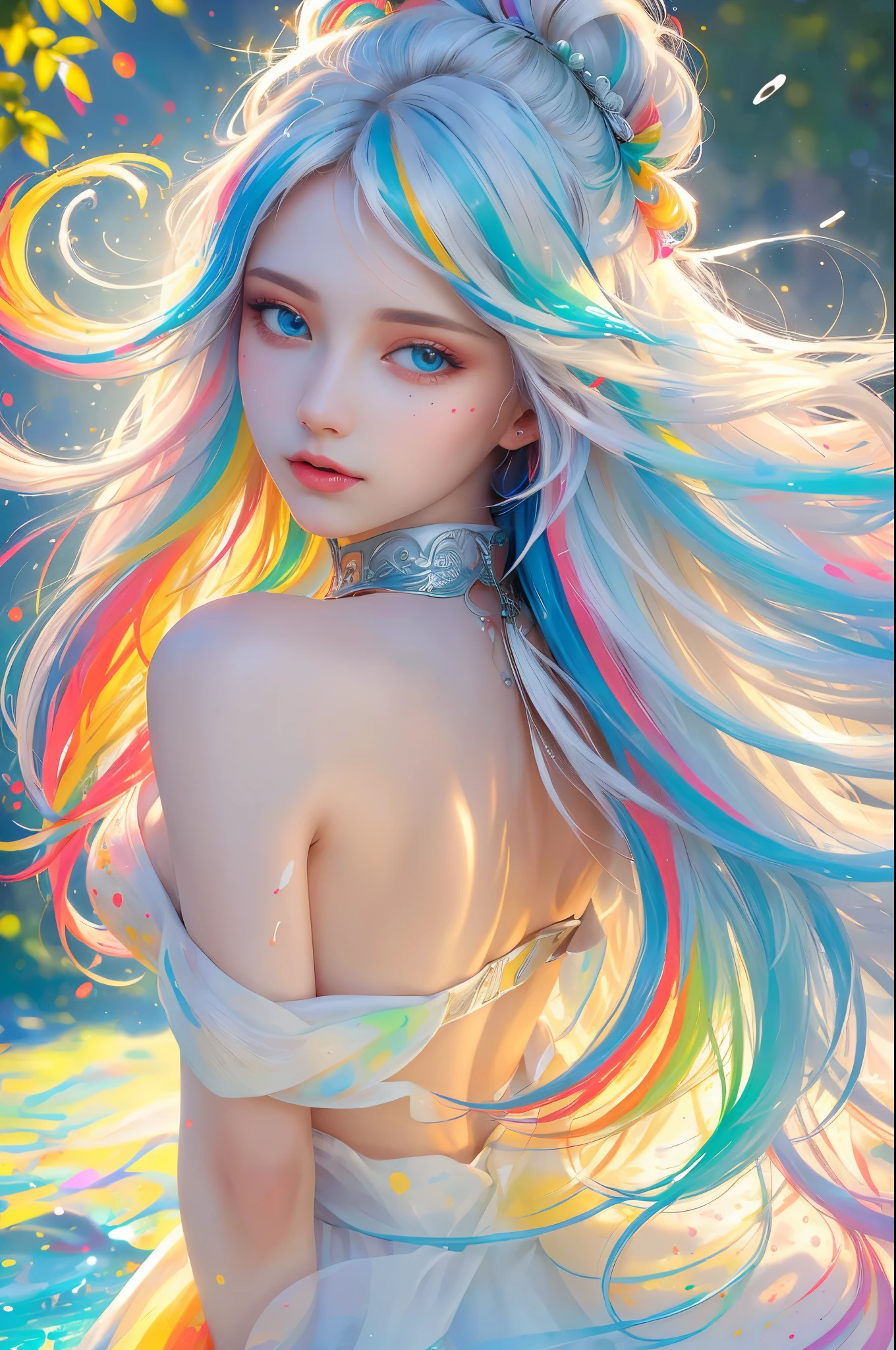 (((masterpiece))),(((best quality))),((ultra-detailed)),(illustration),(dynamic angle), ((floating)),(paint),((disheveled hair)), (solo),(1girl), ((big_breasts)), (((detailed anima face))),((beautiful detailed face)),collar,bare shoulders,  white hair, ((colorful hair)),((streaked hair)), beautiful detailed eyes,(Gradient color eyes),(((colorful eyes))), (((colorful background))),(((high saturation))),(((surrounded by colorful splashes))),(((surrounded by colorful dot))),colorful bubble,((shining))