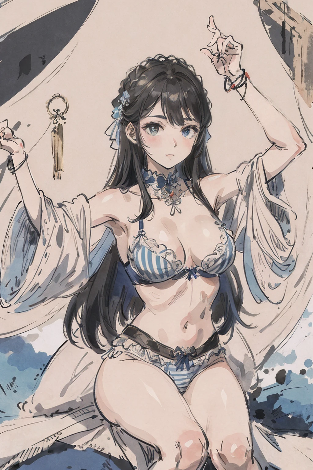 (tmasterpiece,melhor qualidade:1.2),oil painted,Enorme teto,Blue and white striped bra,Sente-se Pose,abertura das pernas,tons escuros