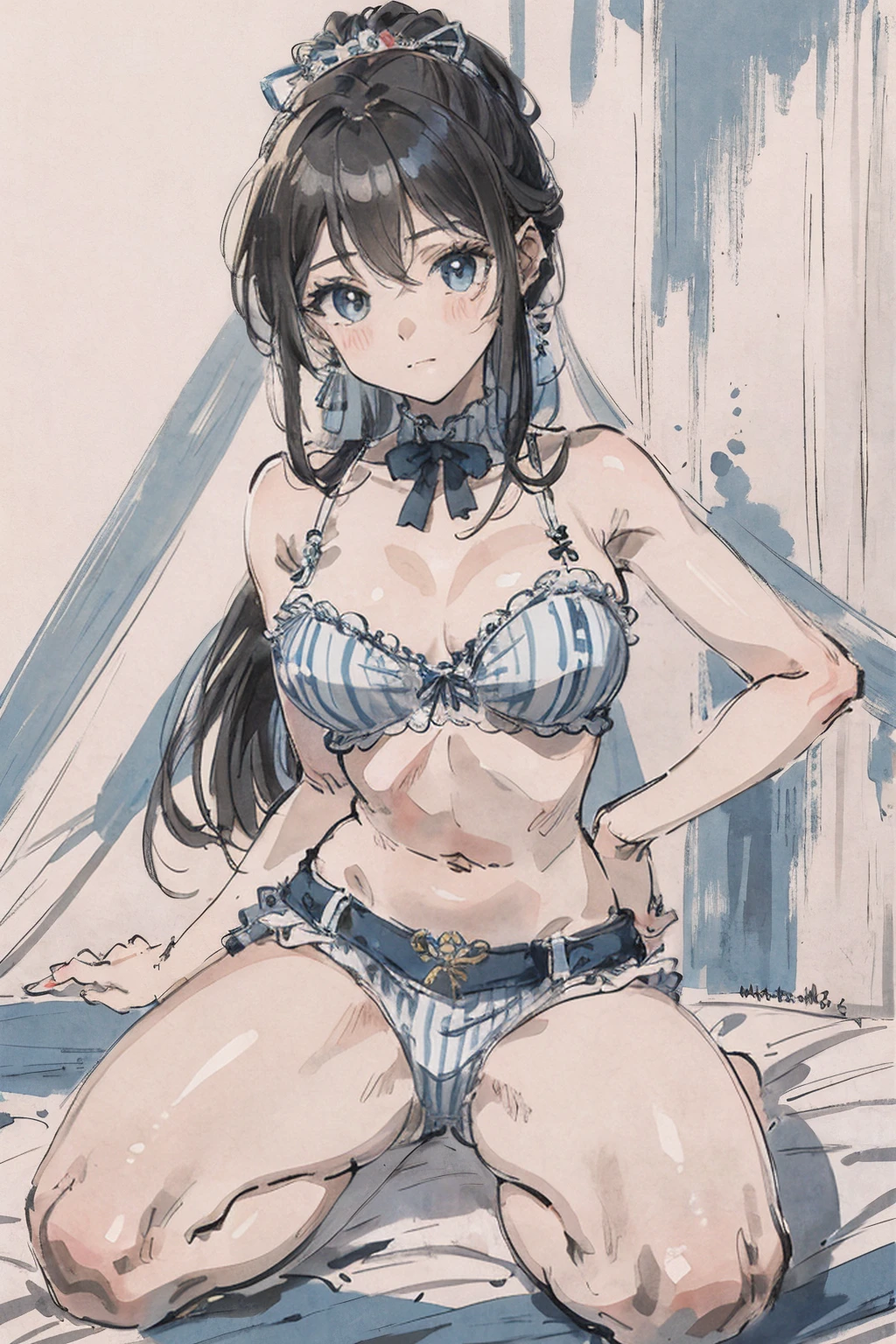 (tmasterpiece,melhor qualidade:1.2),oil painted,Enorme teto,Blue and white striped bra,Sente-se Pose,abertura das pernas,tons escuros