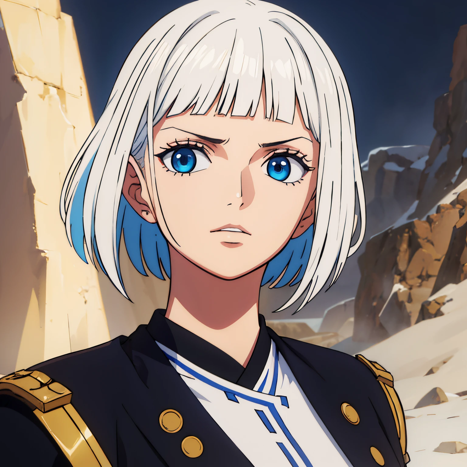 beautiful slim girl, with short white hair and bangs covering half of her right eye, blue eyes, wearing combat attire, [detailed features of face and eyes], [military grade realism], [high resolution, 4k], [vivid colors], [dramatic lighting], [digital illustration style]