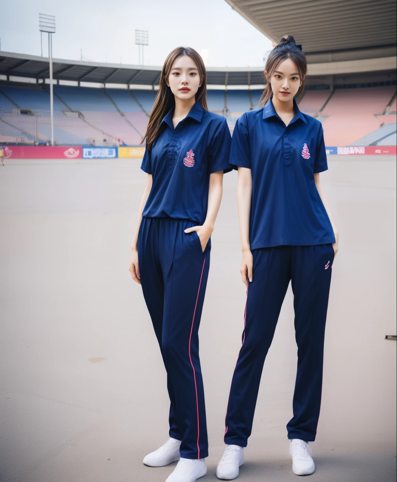 (bestquality,10,10,highres,masterpiece:1.2),ultra-detail,(Realistic,photorealistic portrait,photo-realistic:1.37),1 Cute girl in the football field,oily shiny skin,bara,light smile,BDclothelue shirt:1.3)),short sleeves,shirt, trousers.,(navy_long_Pants Track:1.1), ((Stadium Background:1.3)),dynamic angle,excited,face focus,Dynamic Poses,from behide,Ass Focus,masterpiece, bestquality, ultra realistic, hyper-detail, 8k resolution, RAW photo, crisp focus, ((Navy blue shirt:1.1)), short sleeves, Long Path, Perfect body, 2 mature women, 18yo, cinematic light,Blue sweatpants,Gymware,Correct anatomy,Complete body, Correct body, sharp face, Anatomically correct body, full entire body, Realistic gestures, long-haired, Realistic poses,Wear long shorts....................................,Long leg span,Shapely,Sculpting Girl, Slender Figure, mannequin mannequins, Shapely, Beautiful body,Blue sweatpants, Two girls kissing
