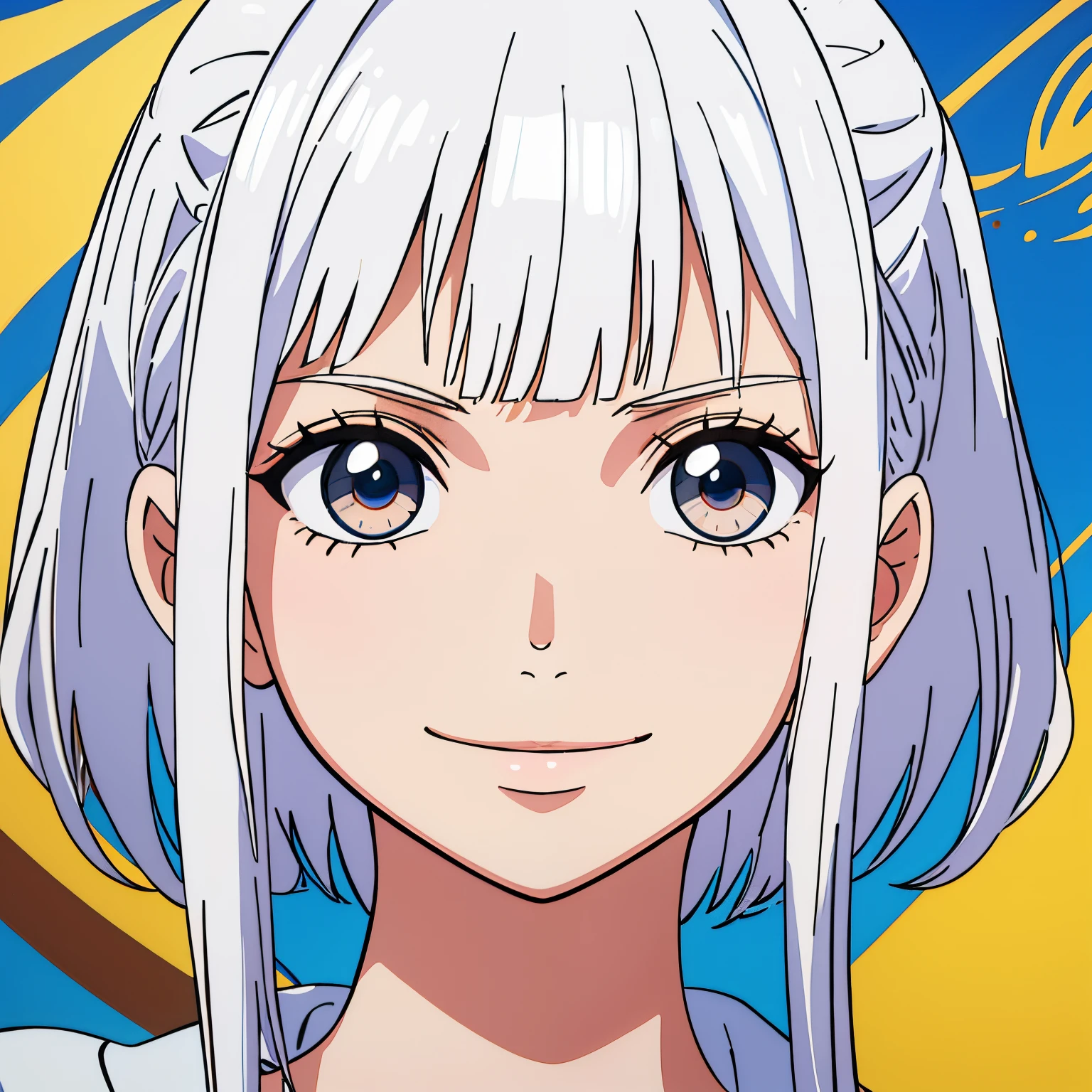 esbelta bonita,short flowing white hair,franja cobrindo o olho direito,olhos azuis,usando quimono,lovely smile,illustration,circunstanciado,high resolution