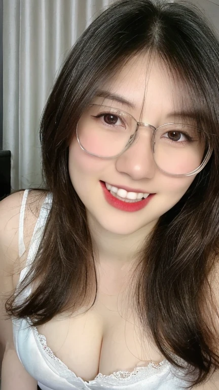 (realistic, high resolution:1.3), 1 girl with perfect figure, glasses, smile, ((pale white skin:1.3)) ,(gigantic breasts:1.3), looking at viewers, super fine face and eyes, long hair, white transparent lace veil: 1.2 , in bedroom, sit on the bed, , exposed cleavage, upper body, half body