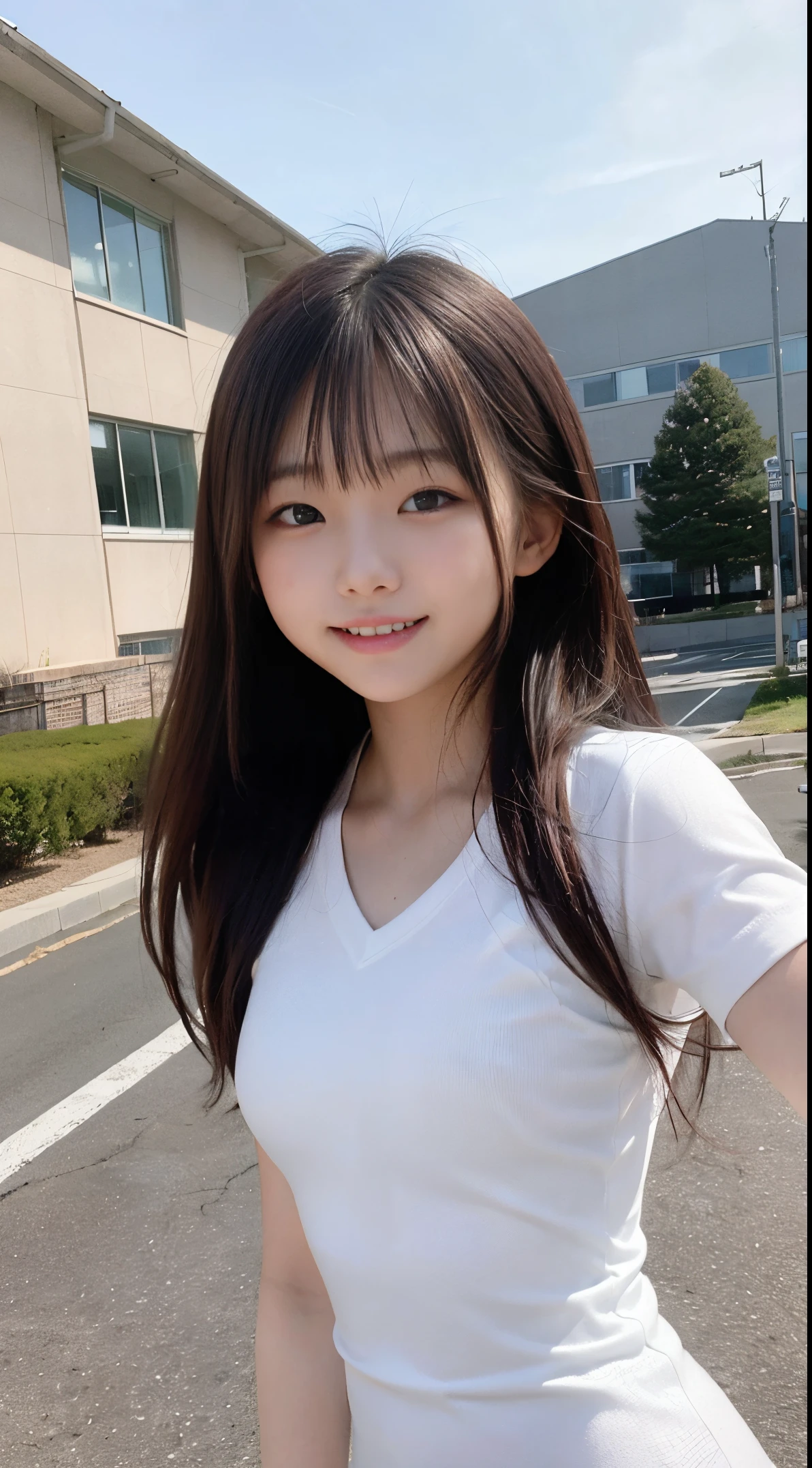 1 girl in , 16 yaers old,((A junior high school student)), Happy smile,  Best quality, girl running,A junior high school student, White ultra-thin short vest:1.7, on the way to school, (elongated:1),Small under breasts, The wind is blowing,Hair soars