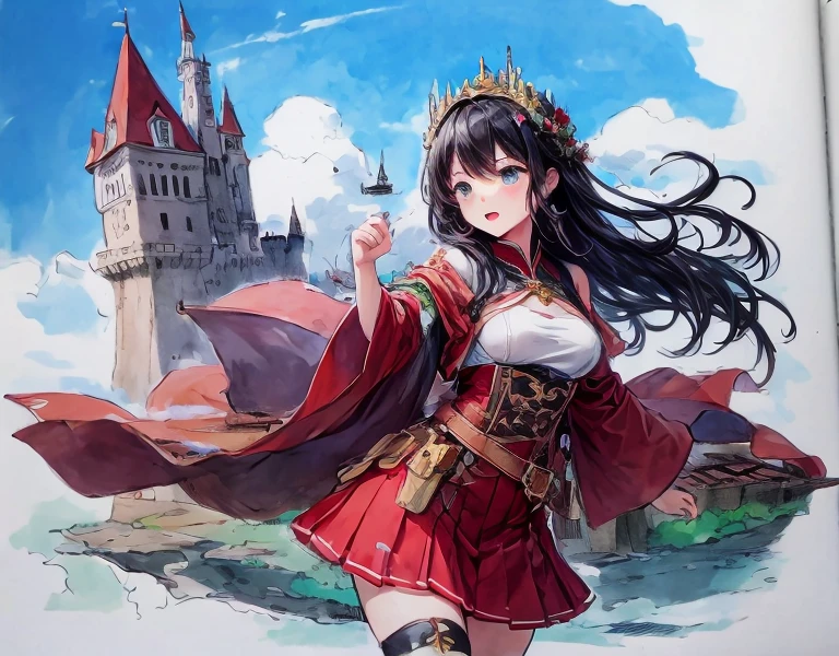 A castle divided into layers is floating in the sky。