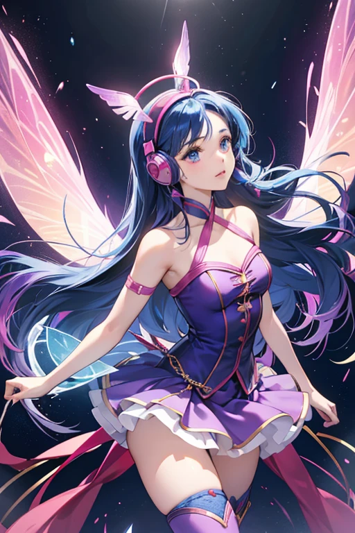 Musa has a light, almost pale skin tone, dark blue hair and thin dark blue eyes. Musa’s Winx fairy form outfit consists of a sparkling red left-sided one strap top with translucent pink fabric at the middle, a red mini skirt, and red knee-high wedge boots. She also wears purple headphones atop her head and purple ribbons around her forearms (the one on her left arm has loose ends hanging from it, is toner than the one on her right and is also kept from her civilian form.) Her wings are translucent and bright blue with purple bands in the middle. She has magenta shorts under her skirt.