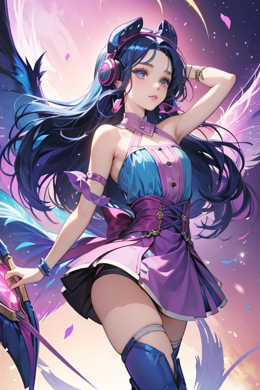 Musa has a light, almost pale skin tone, dark blue hair and thin dark blue eyes. Musa’s Winx fairy form outfit consists of a sparkling red left-sided one strap top with translucent pink fabric at the middle, a red mini skirt, and red knee-high wedge boots. She also wears purple headphones atop her head and purple ribbons around her forearms (the one on her left arm has loose ends hanging from it, is toner than the one on her right and is also kept from her civilian form.) Her wings are translucent and bright blue with purple bands in the middle. She has magenta shorts under her skirt.