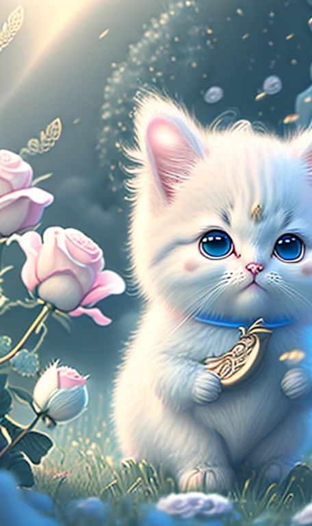 In this ultra-detailed CG art, cute kittens surrounded by ethereal roses, laughter, best quality, high resolution, intricate details, fantasy, cute animals, open mouths, laugh!!