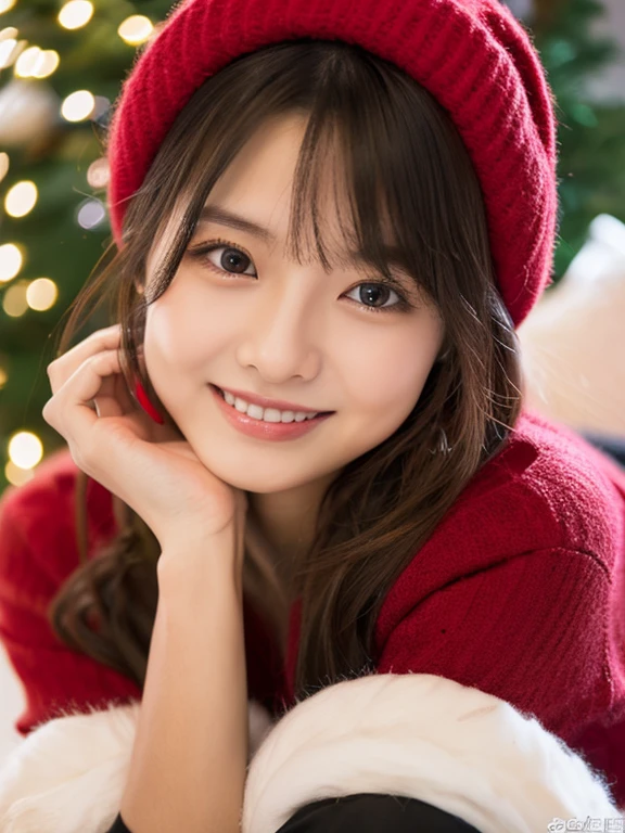 (8k, RAW photo, best quality, masterpiece, ultra detailed,realistic, photo-realistic, real person:1.3), selfie, Japanese idol, (detailed skin: 1.2), cute face, brown eyes, smiling, looking at viewer , 23 years old, ((Santa hat)), ((red sweater)), 1 Christmas tree, cozy room, shorts, sofa, (cleavage:0.5)