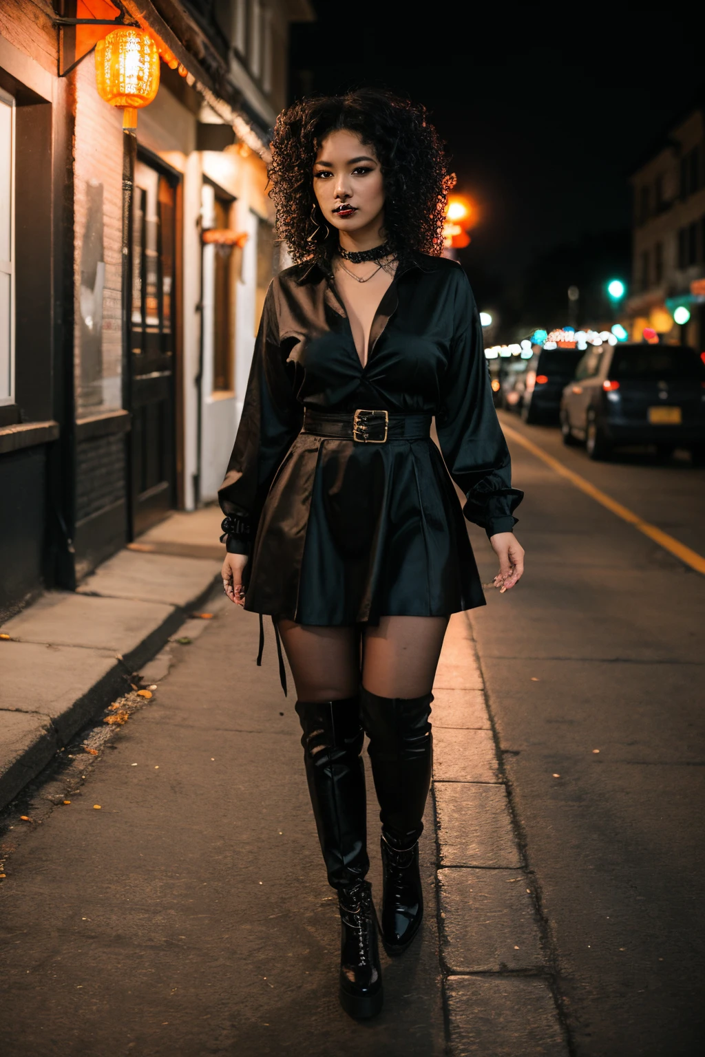 black and chinese woman with curly hair, with goth clothing, walking toward camera in the evening, full body picture, in the background the neighborhood is decorated for halloween