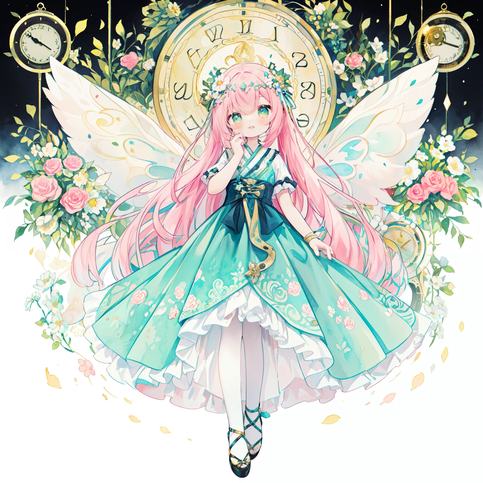 (PastelColors:1.3)、(Cute illustration:1.3)、(watercolor paiting:1.1)、(Layering flowers of 7 colors, iridescent glass clock,Kaleidoscope effect, Senyoshi pattern, Steampunk, gear wheel）、PINKGOLD、a closeup、（A smiling fairy with a motif of a big heart and a small heart............：1.8）、On White Background、jumpping、levitation、A smile、Aster Harmony Garden Sprite,White snow、Noelle、reaching out her hand、green and red background,(🎄A girl wearing large fairy wings made of。。。：1.9),absurderes,hight resolution,ultra-detailliert,、Magic Knight Rayearth：1.5、Red light）,shining from the sky,Head down, feet up, ,ultra wide-angle ,Detailed background、Smile with open mouth、Beautifully detailed、Moya、colourfull、marble、Particles of light、patterns、Playful ruffles and layers create a whimsical touch, Narrow your waist to create a beautiful silhouette, something that wears a wreath decorated with flowers, I tied a ribbon to my braided hair..............：1.3....., Lace-up sandals or ballet shoes with ribbon ties, (Cute illustration:1.3)、(watercolor paiting:1.1)、(Layering flowers of 7 colors, iridescent glass clock,Kaleidoscope effect, Senyoshi pattern, Steampunk, gear wheel）、PINKGOLD、a closeup、
、The room was clean and comfortable............................、Glows、发光、Mitsu、Flower bouquet、pink back ground、、Transparency、Standing、Hyper-detailing, delicate detail, intricate detailes, ciinematic light, best quality backlight, highcontrast, The best lighting, extremely delicate and beautiful, ciinematic light、ray trace reflection、brilliance、glowing aura、Radiant hair、The ultra-detailliert、in 8K,masutepiece, High quality, HCnone, Pixel art, 1girl in,Absurd resolution、hight resolution、ultra-detailliert、(1womanl:1.3)、A smile：1.3、looking at audience、patterns、、colourfull、Yumekawa、dreamily cute、a pale、Moya、watercolor paiting(Curly)、Lolita Fashion、云、colourfull、、、looking left
、 ,Thick wool gown:0.4