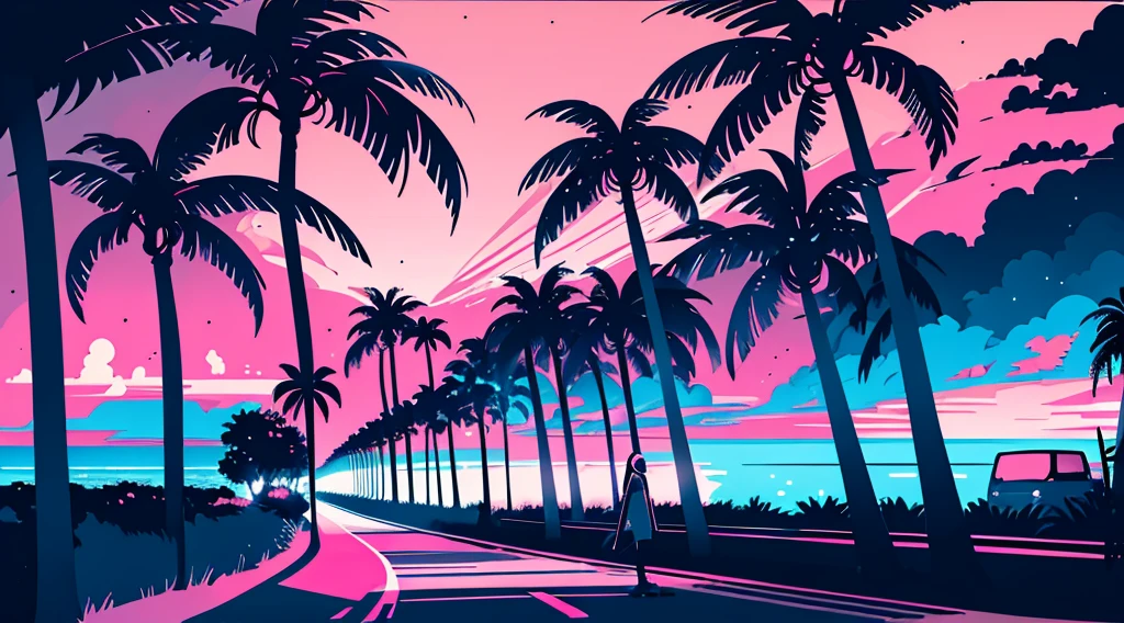 (cyberpunk road by the sea, pink glowing road, starry sky, big moon, palm trees), (classic convertible car), (low contrast, flat color, limited palette)