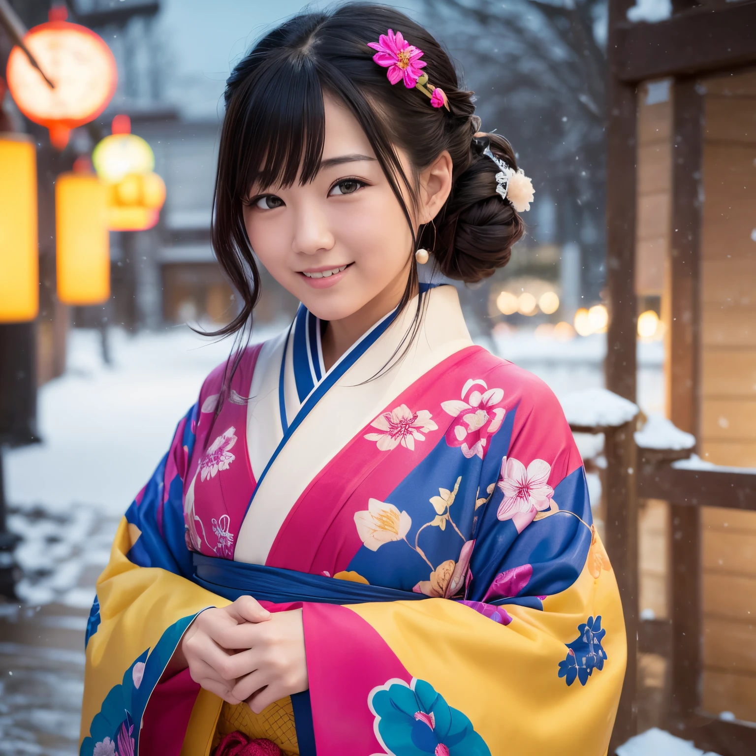 Woman in Japan kimono'colorful kimono costume, Beautiful fece,She looks at the camera with a playful expression. Detailed artwork with vivid illustrations, Realistic colors, Capture every detail. The medium of digital painting, Guaranteed best quality and high resolution (4K or 8K). soft and romantic lighting, creating a dream-like atmosphere. The overall color is warm and gentle........................, Highlighting the fun and beauty of winter、A smile、It's snowing