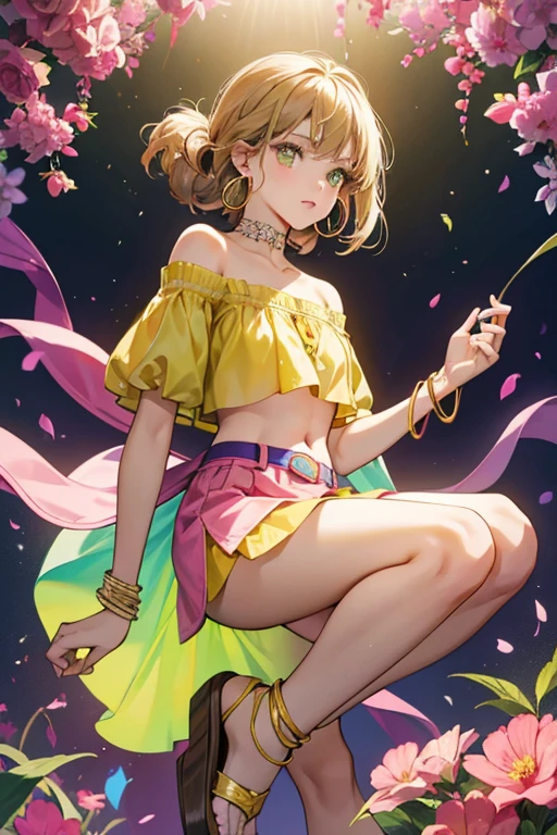 Flora is a young tan-skinned girl with long light-brown hair that has bangs framing on either side of her face where it has visible blonde streaks with a single small hair strand sticking up and narrow green-jade eyes. Flora wears a bright yellowish-green off-the-shoulder smock top with puffy short sleeves that bares her midriff and belly, a pink wrap miniskirt with little slits on both sides and with strawberry patterns of a darker shade with a thin yellow belt that hangs midway down the skirt, two sets of yellow bangle bracelets on each arm (in some occasions, she wears two purple bangles and a yellow green set too), and pink platform sandals with fuchsia-colored flowers by her ankles. She also wears large golden hoop earrings