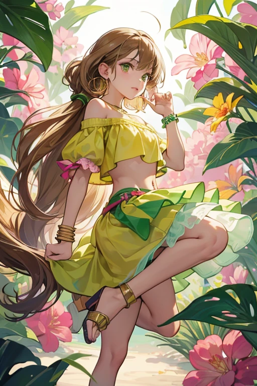 Flora is a young tan-skinned girl with long light-brown hair that has bangs framing on either side of her face where it has visible blonde streaks with a single small hair strand sticking up and narrow green-jade eyes. Flora wears a bright yellowish-green off-the-shoulder smock top with puffy short sleeves that bares her midriff and belly, a pink wrap miniskirt with little slits on both sides and with strawberry patterns of a darker shade with a thin yellow belt that hangs midway down the skirt, two sets of yellow bangle bracelets on each arm (in some occasions, she wears two purple bangles and a yellow green set too), and pink platform sandals with fuchsia-colored flowers by her ankles. She also wears large golden hoop earrings