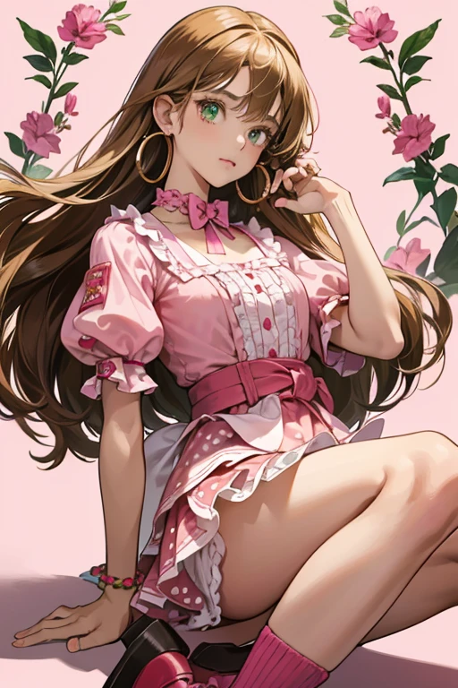Flora is a young tan-skinned girl with long light-brown hair that has bangs framing on either side of her face where it has visible blonde streaks with a single small hair strand sticking up and narrow green-jade eyes. Flora wears a pink short-sleeved shirt with a darker pink trim and puffy sleeves with dark pink polka dots, a fuchsia sash over a layered red skirt with maroon shorts underneath, pink knee-high socks and red platform shoes to match her skirt. She retains her large golden hoop earrings and also wears a green choker tied neatly around her neck with a bow, as well as two bead bracelets around her right wrist; one green and one pink.