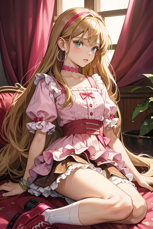 Flora is a young tan-skinned girl with long light-brown hair that has bangs framing on either side of her face where it has visible blonde streaks with a single small hair strand sticking up and narrow green-jade eyes. Flora wears a pink short-sleeved shirt with a darker pink trim and puffy sleeves with dark pink polka dots, a fuchsia sash over a layered red skirt with maroon shorts underneath, pink knee-high socks and red platform shoes to match her skirt. She retains her large golden hoop earrings and also wears a green choker tied neatly around her neck with a bow, as well as two bead bracelets around her right wrist; one green and one pink.