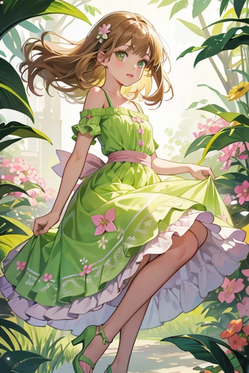 Flora is a young tan-skinned girl with long light-brown hair that has bangs framing on either side of her face where it has visible blonde streaks with a single small hair strand sticking up and narrow green-jade eyes. Flora wears a small pink sundress with lime-green straps, a matching lime-green ribbon that wraps around her waist just below her chest, and a floral print that makes up most of her dress and comes in white, green, yellow, pink and fuchsia. She also wears green platform heels that are secured to her feet by pastel pink ribbons
