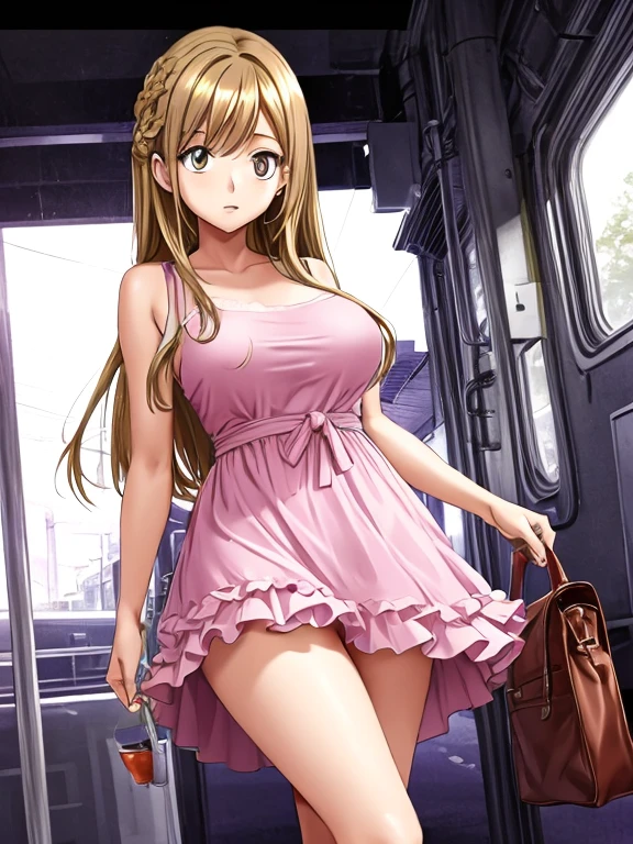 A beautiful woman with long walnut-colored hair, big breasts, and beautiful legs is standing on a train wearing a pink dress that leaves her shoulders and arms bare and a dark white miniskirt.。