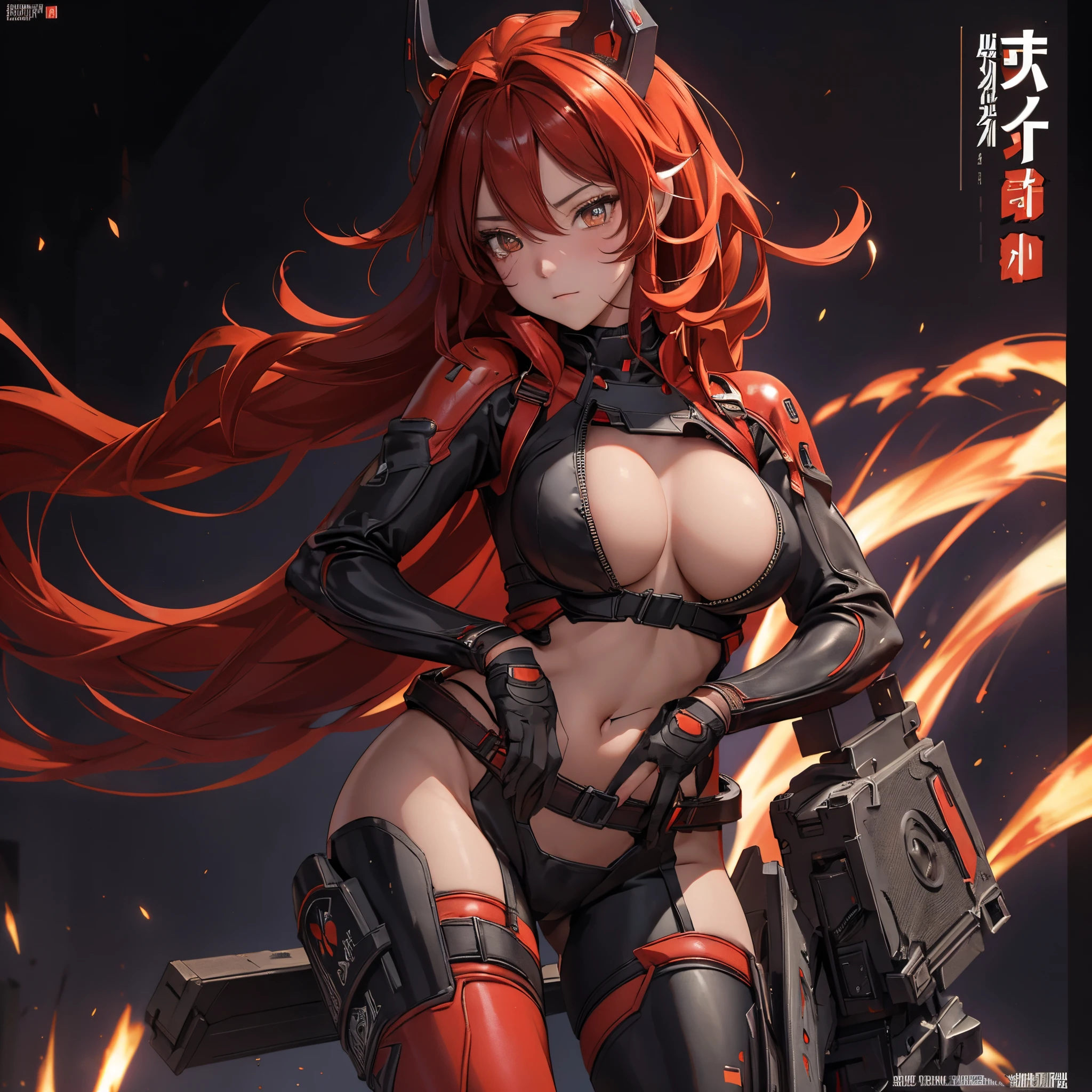 A lone mature girl, Leg long Burning Red hair, , Brown eyes, cat eyes, Beautiful face, masterpiece, best quality, expressive eyes, perfect face, forehead protector, long Black Twin Horn Head Gear, Big Anti-Tank Sniper Rifle, Exposed Navel, Black rubber skin tight suit, full leg black stocking, exposed chest , sci-fi city , High detail mature face, combat suit, high res, ultra sharp, She stands confidently in the center of the poster, Shooting pose, explosion effect, a determined expression on her face。The background is dark and gritty,There is a sense of danger and a strong feeling。The text is bold and eye-catching,With catchy slogans,Adds to the overall drama and excitement。The color palette is dominated by dark colors,Dotted with bright colorake the poster dynamic and visually strikinagazines:1.3), (Cover-style:1.3), Fashion, vibrant, Outfit, posing on a, Front, rich colorful,Background with,element in,self-assured,Expressing the,halter,statement,Attachment,A majestic,coil,Runt,Touching pubic area,Scenes,text,Cover of a,boldness,attention-grabbing,titleashion,typeface,,Best quality at best,Hyper-detailing,8K ,hyper HD