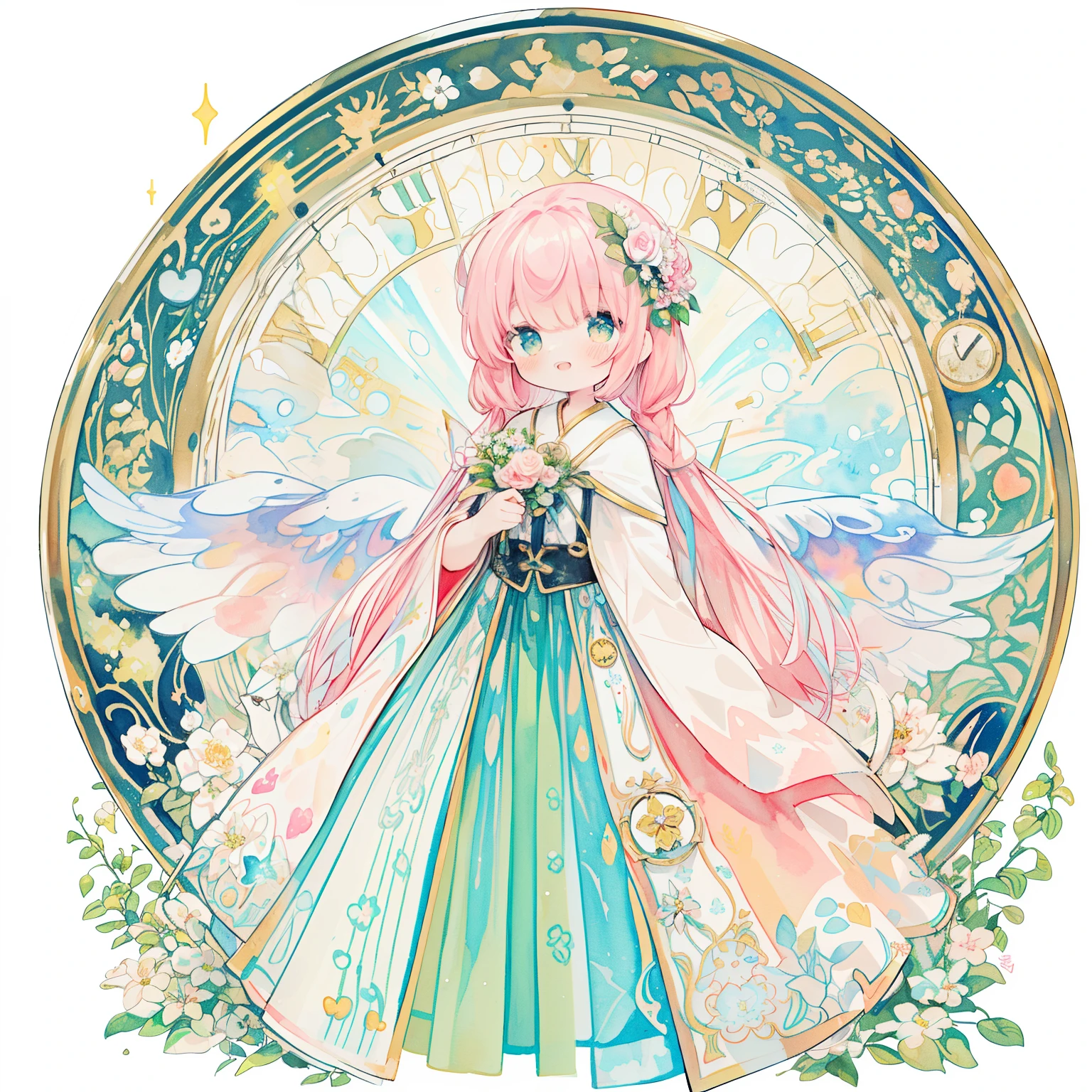 (PastelColors:1.3)、(Cute illustration:1.3)、(watercolor paiting:1.1)、(Layering flowers of 7 colors, iridescent glass clock,Kaleidoscope effect, Senyoshi pattern, Steampunk, gear wheel）、PINKGOLD、a closeup、（A smiling fairy with a motif of a big heart and a small heart.............：1.8）、On White Background、jumpping、levitation、A smile、Aster Harmony Garden Sprite,White snow、Noelle、reaching out her hand、green and red background,(🎄A girl wearing large fairy wings made of。。。。：1.9),absurderes,hight resolution,ultra-detailliert,、Magic Knight Rayearth：1.5、Red light）,shining from the sky,Head down, feet up, ,ultra wide-angle ,Detailed background、Smile with open mouth、Beautifully detailed、Moya、colourfull、marble、Particles of light、patterns、Playful ruffles and layers create a whimsical touch, Narrow your waist to create a beautiful silhouette, something that wears a wreath decorated with flowers, I tied a ribbon to my braided hair...............：1.3....., Lace-up sandals or ballet shoes with ribbon ties, (Cute illustration:1.3)、(watercolor paiting:1.1)、(Layering flowers of 7 colors, iridescent glass clock,Kaleidoscope effect, Senyoshi pattern, Steampunk, gear wheel）、PINKGOLD、a closeup、
、The room was clean and comfortable.............................、Glows、发光、Mitsu、Flower bouquet、pink back ground、、Transparency、Standing、Hyper-detailing, delicate detail, intricate detailes, ciinematic light, best quality backlight, highcontrast, The best lighting, extremely delicate and beautiful, ciinematic light、ray trace reflection、brilliance、glowing aura、Radiant hair、The ultra-detailliert、in 8K,masutepiece, High quality, HCnone, Pixel art, 1girl in,Absurd resolution、hight resolution、ultra-detailliert、(1womanl:1.3)、A smile：1.3、looking at audience、patterns、、colourfull、Yumekawa、dreamily cute、a pale、Moya、watercolor paiting(Curly)、Lolita Fashion、云、colourfull、、、looking left
、 ,Thick wool gown:0.4