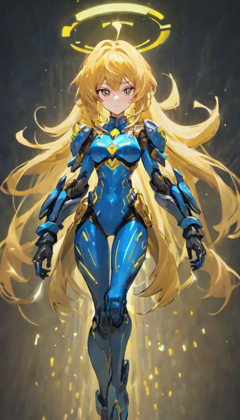 (a female)starcraft ghost character,armored suit,advanced visor,weapon,combat skills,strong and confident posture.[detailed and realistic character design],dynamic action,explosive battlefield,sci-fi style,alien creatures [with sharp teeth and claws],high-tech weapons and gadgets,advanced stealth abilities,night environment,dark color palette and intense lighting,professional concept art,bokeh effect.+(best quality,highres),vivid colors,physically-based rendering,sharp focus,ultra-detailed.(portraits,sci-fi,concept artists), dark blue suit, long golden hair, detailed hair, flowing hair