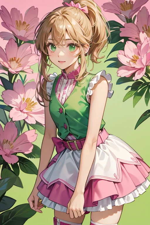 Flora is a young tan-skinned girl with long light-brown hair that has bangs framing on either side of her face where it has visible blonde streaks with a single small hair strand sticking up and narrow green-jade eyes. Flora's hair is now tied up into a ponytail by a pink headband with a bright green bow. She wears a pink, soft jagged-edged, sleeveless shirt with a grass green vest, as well as a sharp-edged layered skirt that alternates between pink with white trim and fuschia with green trim all topped by a pink belt with a square silver buckle, and knee-high fuchsia-colored boots with knee high lime edge burgundy socks and green high heels.