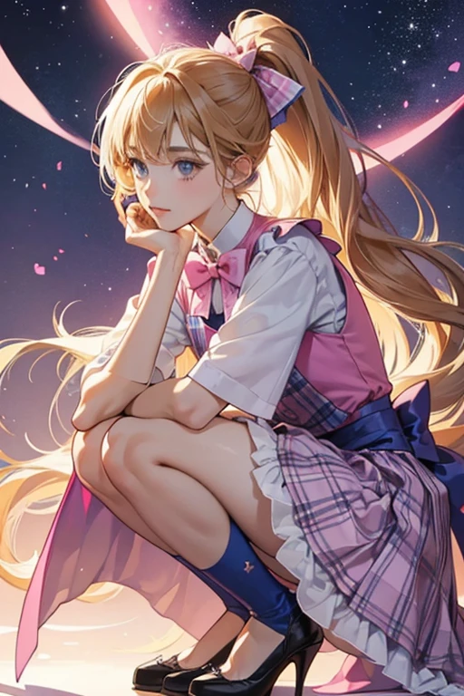 Flora is a young tan-skinned girl with long light-brown hair that has bangs framing on either side of her face where it has visible blonde streaks with a single small hair strand sticking up and narrow green-jade eyes. Flora's hair remains tied up into a ponytail much like her appearance in the previous season, but she has pieces of hair held up with a big pink bow that leans more towards her right side instead. She wears a small royal blue coat/vest with a starry plaid pattern over a white dress shirt; the collar possessing a black tie wrapped around it neatly, ending in a bow. She also wears a pink skirt with a small blue bow on the waist, purple and pink striped leggings and light blue heels with black bows on the toes. She also wears a small starry bracelet around her left wrist.