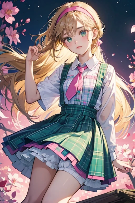 Flora is a young tan-skinned girl with long light-brown hair that has bangs framing on either side of her face where it has visible blonde streaks with a single small hair strand sticking up and narrow green-jade eyes. Flora's hair is no longer tied up and she wears a pastel green headband. She wears a green short-sleeved wool top with dark blue trim over a pale pink button-up dress shirt with a dark blue tie accompanied by a pink flower pin worn around the collar, a pink skirt with a dark blue plaid pattern and trim, green socks that are partially folded over to keep them at knee-high length, and dark blue shoes with pink soles, laces and a pink and dark blue plaid pattern on the front to match with her skirt. Her dress shirt is also only half-tucked into her skirt.