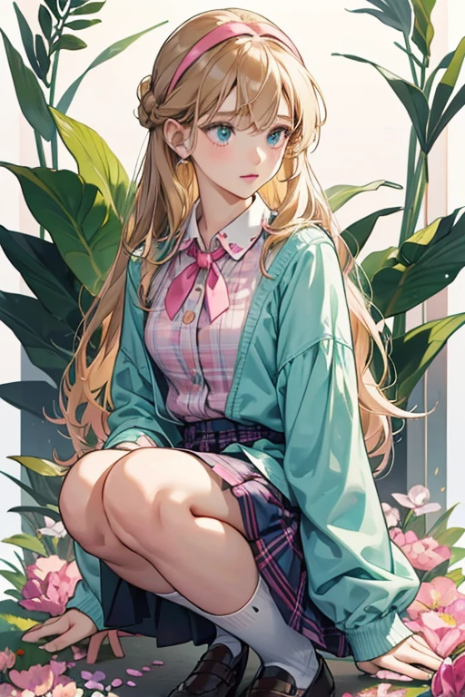 Flora is a young tan-skinned girl with long light-brown hair that has bangs framing on either side of her face where it has visible blonde streaks with a single small hair strand sticking up and narrow green-jade eyes. Flora's hair is no longer tied up and she wears a pastel green headband. She wears a green short-sleeved wool top with dark blue trim over a pale pink button-up dress shirt with a dark blue tie accompanied by a pink flower pin worn around the collar, a pink skirt with a dark blue plaid pattern and trim, green socks that are partially folded over to keep them at knee-high length, and dark blue shoes with pink soles, laces and a pink and dark blue plaid pattern on the front to match with her skirt. Her dress shirt is also only half-tucked into her skirt.