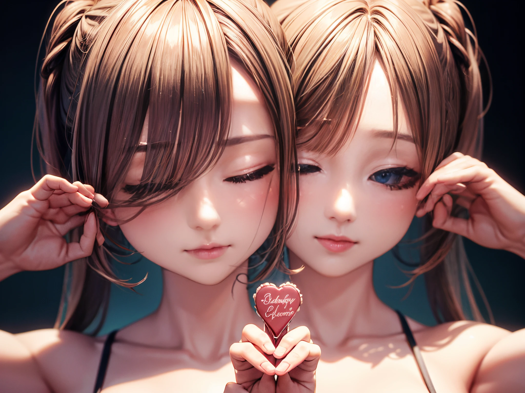 Zoom in to reveal delicate 3D basic symbols forming intricate patterns of love and connection, creating a visually poetic experience for Valentine's Day. Enhance the intimacy of the scene.
