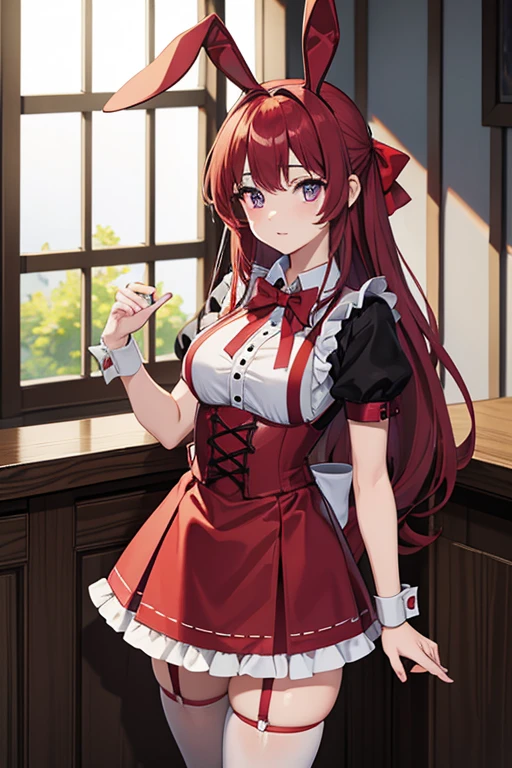 Outrageous, Best Quality, 1girl, solo, red hair, purple eyes, long hair, big, ahBunny, bunny ears, red corset, gakuran, aprons, red neck ribbons, red skirt, hair bow, short sleeves, wrist cuffs, white thighs, jingle bells, nudes