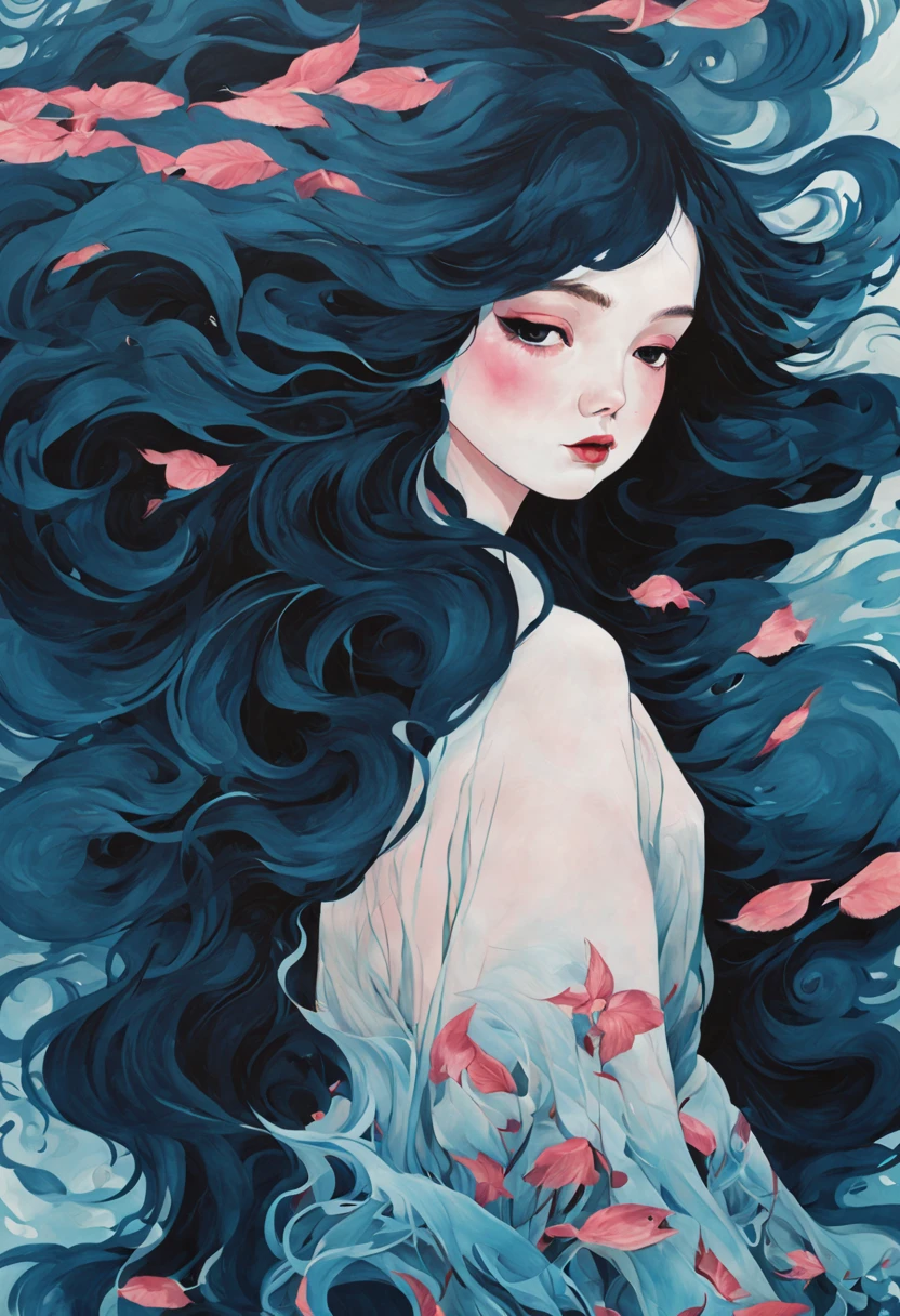 chiaroscuro technique on illustration of an elegant girl, loli wet hair, vintage, eerie, matte painting, by Hannah Dale, by Harumi Hironaka, extremely soft colors, vibrant, highly detailed, digital illustrations , high contrast, dramatic, refined, tonal, facial expression