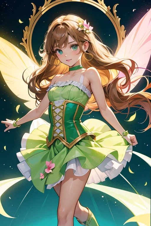 Flora is a young tan-skinned girl with long light-brown hair that has bangs framing on either side of her face where it has visible blonde streaks with a single small hair strand sticking up and narrow green-jade eyes. Flora's Winx fairy form outfit consists of a primarily fuchsia and orchid sparkling one piece,  shouldered corset dress that conceals a pair of mini shorts of the same color, and ankle-high high-heeled boots also the same color. A green choker with a pink colored four petal flower adorns her neck, and she has light pink wrist length fingerless gloves extending from above the elbow to the wrist with a single point down the back of each palm covering her arms. Her translucent undetailed wings are lime green and shaped like leaves. Her hairstyle remains the same as in civilian form. She also keeps her gold hoop earrings from her civilian form.