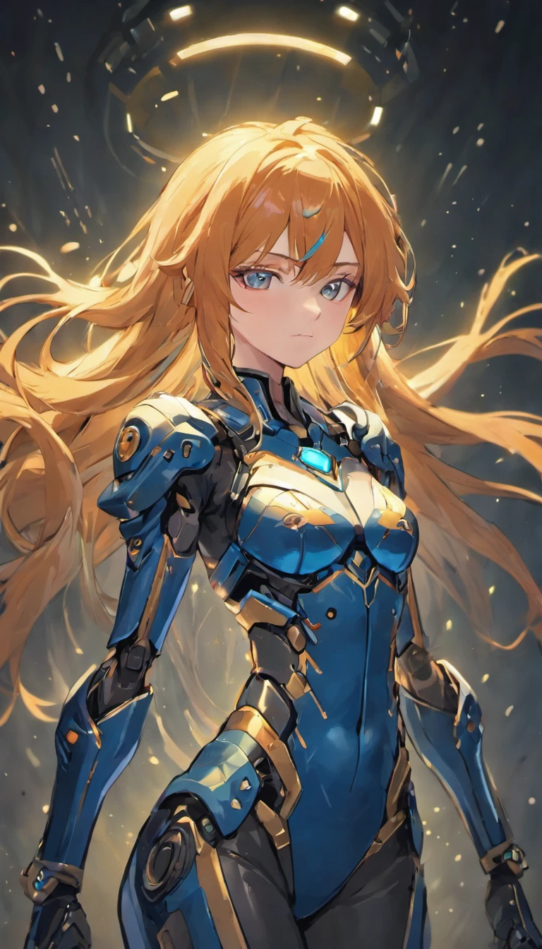 (a female)starcraft ghost character,armored suit,advanced visor,weapon,combat skills,strong and confident posture.[detailed and realistic character design],dynamic action,explosive battlefield,sci-fi style,alien creatures [with sharp teeth and claws],high-tech weapons and gadgets,advanced stealth abilities,night environment,dark color palette and intense lighting,professional concept art,bokeh effect.+(best quality,highres),vivid colors,physically-based rendering,sharp focus,ultra-detailed.(portraits,sci-fi,concept artists), dark blue suit, long orange-golden hair, detailed hair, flowing hair, gold suit with black details,