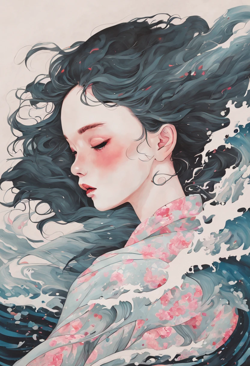 chiaroscuro technique on  illustration of an elegant girl,  wet hair, vintage, eerie, matte painting, by Hannah Dale, by Harumi Hironaka, extremely soft colors, vibrant, highly detailed, digital illustrations , high contrast, dramatic, refined, tonal, facial expression