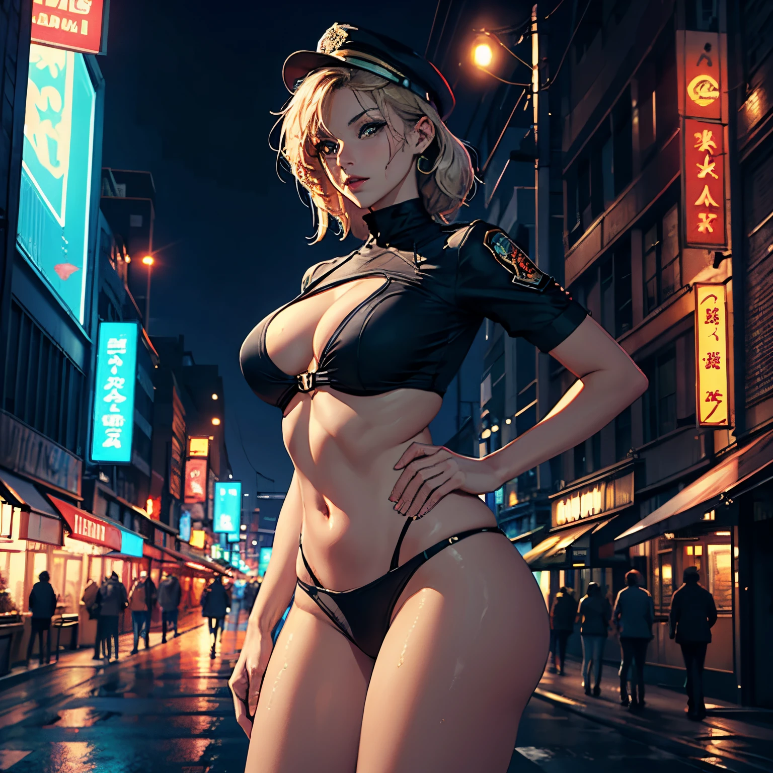 (best quality: 1.2), clean face, (masterpiece: 1.2, 8k)(PureErosFace_V1: 0.7), perfect anatomy,
looking at viewer, police outfit, police hat, thick thighs, big breasts, saggy breasts, absurdity, intricate details, city, dimanic pose, night, neon signs, cinematic lighting, (highly detailed skin: 1.2)