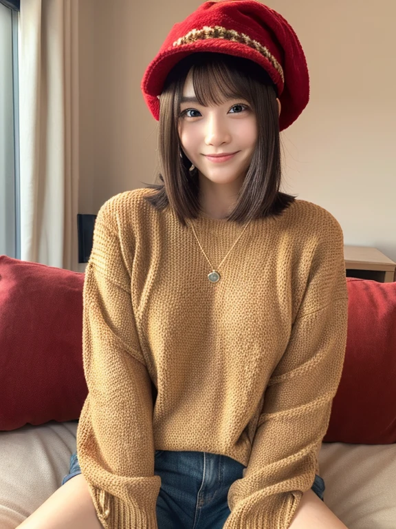 (8k, RAW photo, best quality, masterpiece, ultra detailed,realistic, photo-realistic, real person:1.3), selfie, Japanese idol, (detailed skin: 1.2), pale skin, cute face, brown eyes, smiling, looking at viewer , 23 years old, ((Santa hat)), ((red sweater)), 1 Christmas tree, cozy room, shorts, sofa, (cleavage:0.5), legs open