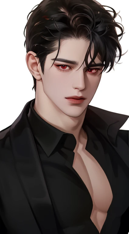 Masterpiece, Best Quality, Realistic, 1male, male focus, ah high, muscular, long wavy black hair, Flying bangs, red eyes, a handsome, black undershirt, Portrait,extremely detailed face, whitebackground,  Background