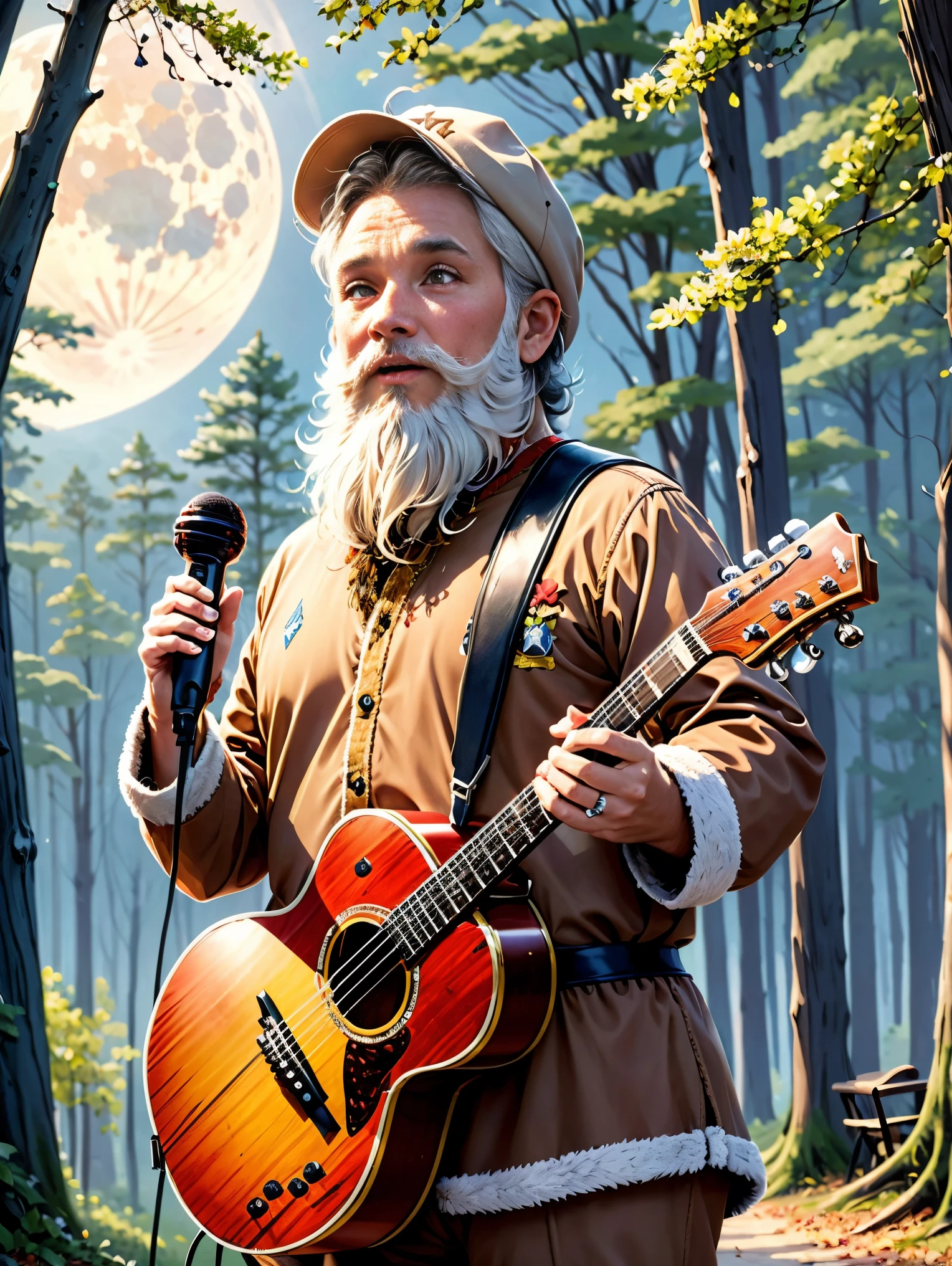 A 2D animation of a folk music band composed of anthropomorphic autumn leaves, each playing traditional bluegrass instruments, amidst a rustic forest setting dappled with the soft light of a harvest moon.