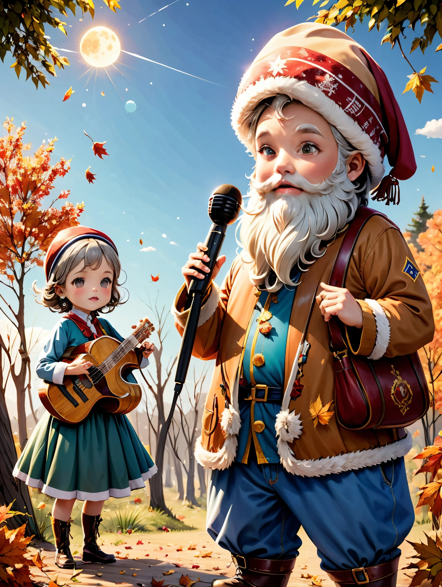 A 2D animation of a folk music band composed of anthropomorphic autumn leaves, each playing traditional bluegrass instruments, amidst a rustic forest setting dappled with the soft light of a harvest moon.