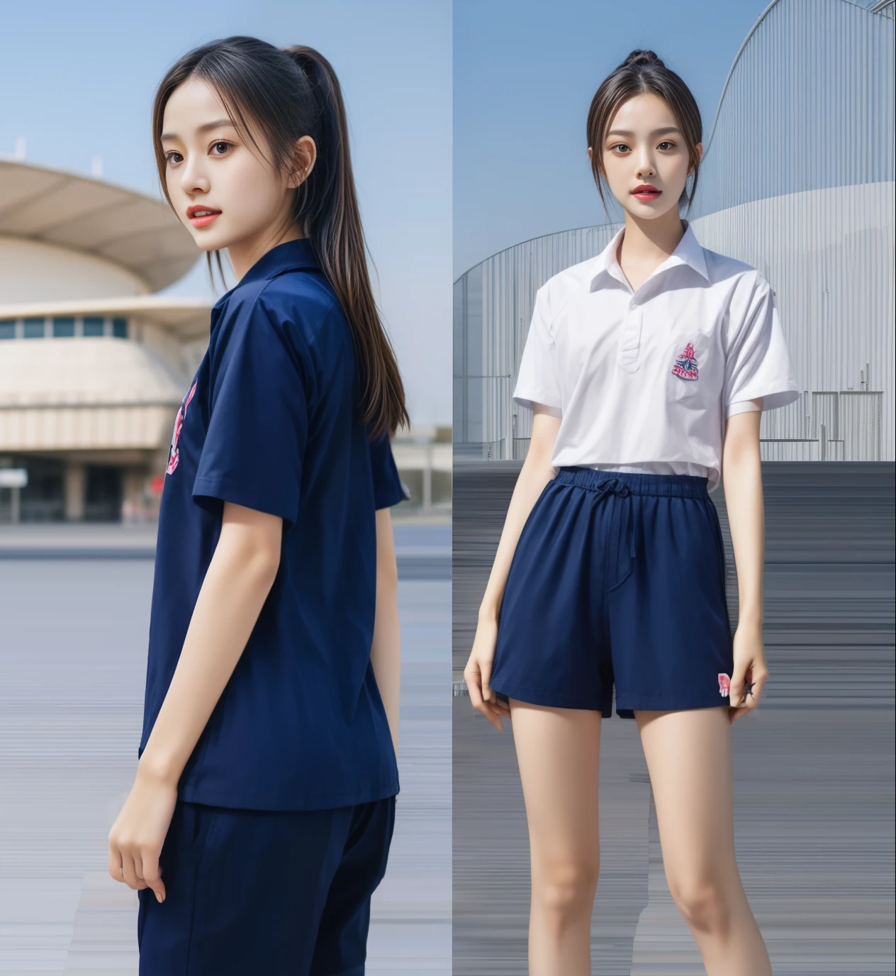 (bestquality,10,10,highres,masterpiece:1.2),ultra-detail,(Realistic,photorealistic portrait,photo-realistic:1.37),1 Cute girl in the football field,oily shiny skin,bara,light smile,BDclothelue shirt:1.3)),short sleeves,shirt, trousers.,(navy_long_Pants Track:1.1), ((Stadium Background:1.3)),dynamic angle,excited,face focus,Dynamic Poses,from behide,Ass Focus,masterpiece, bestquality, ultra realistic, hyper-detail, 8k resolution, RAW photo, crisp focus, ((Navy blue shirt:1.1)), short sleeves, Long Path, Perfect body, 2 mature women, 18yo, cinematic light,Blue sweatpants,Gymware,Correct anatomy,Complete body, Correct body, sharp face, Anatomically correct body, full entire body, Realistic gestures, long-haired, Realistic poses,Wear long shorts.....................................,Long leg span,Shapely,Sculpting Girl, Slender Figure, mannequin mannequins, Shapely, Beautiful body,Blue sweatpants, Two girls kissing