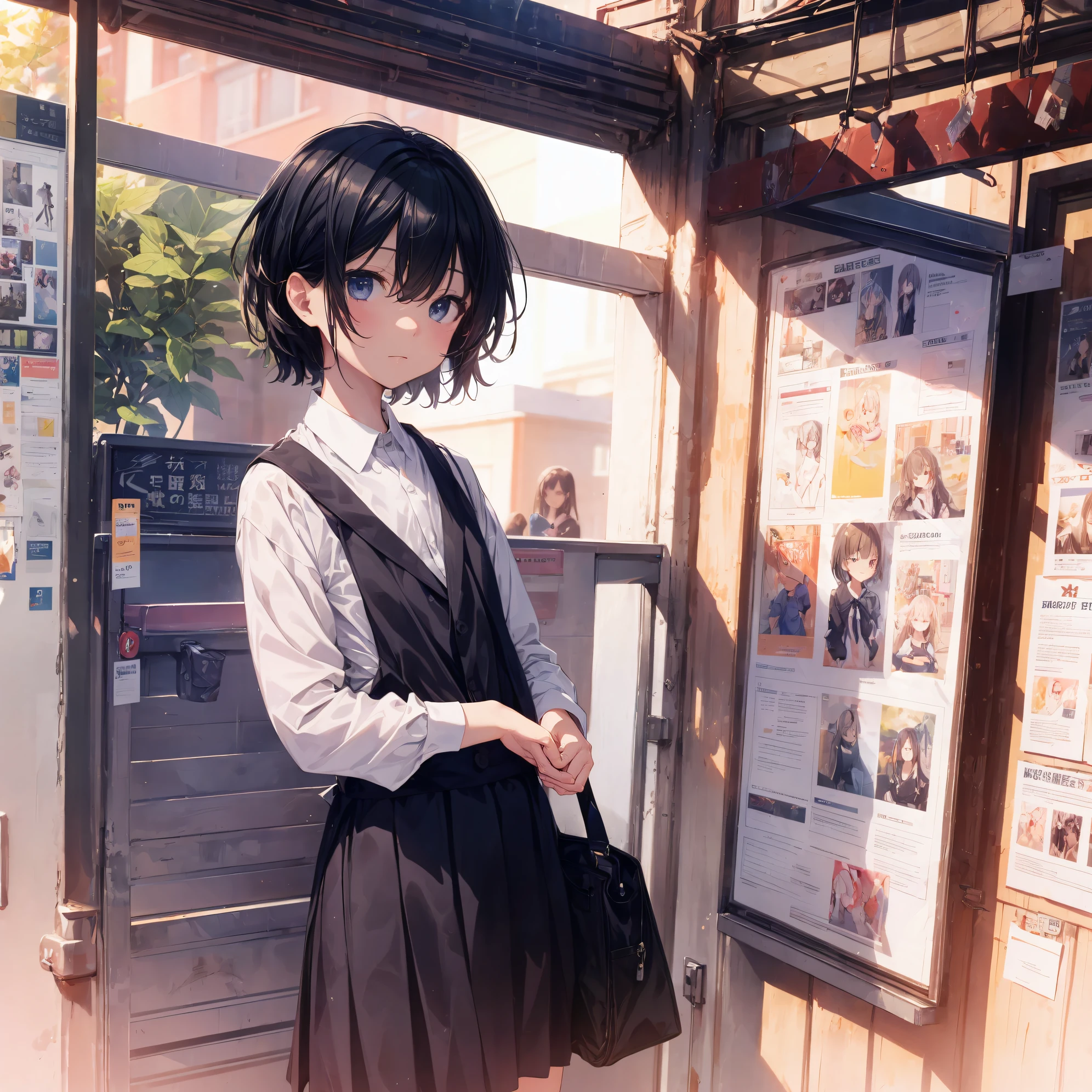 Super high quality by the art god, Ultra-detailed, High resolution, anime moe art style, Best Anime 8K Konachan Wallpapers, Pixiv Contest Winner, Perfect Anatomy, BREAK,(Draw a girl sleepily walking to school. ),BREAK, 1girl in, (Solo,Lori,child,13years:1.3),Full limbs, complete fingers,a junior high school student, Androgynous attraction, (Very short hair), Sleeping hair, hair messy, flat chest, Small butt, groin, Small eyes,Beautiful detailed black eyes, Well-proportioned iris and pupils, disgusted eye, High resolution detailed hair, School uniform, Skirt, On the way to school. BREAK,super detailed skin, Best lighting by famous artists, 8K, Illustration,