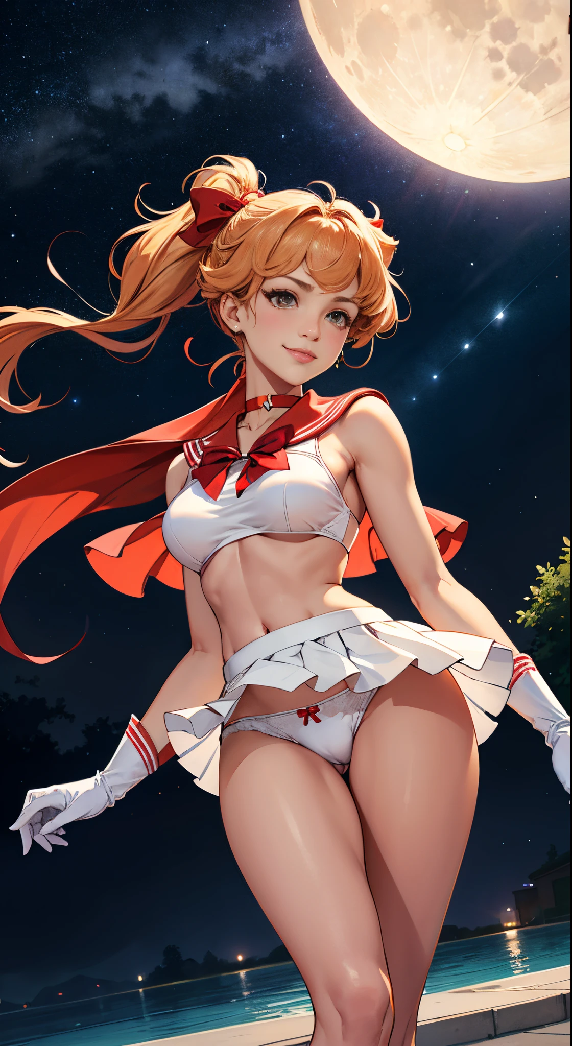 masutepiece, Best Quality, hight resolution, SV1, Sailor Senshi Uniform, Orange skirt, Poolside in summer、summer sunlight、gust of wind、White panties visible from the miniskirt、Bikini Panties、White shorts visible from the white miniskirt、short view、elbow groves, tiarra, Pleated skirt, Flipping up a miniskirt, White panty、Beautiful pantieeautiful camel toe、Red bow, orangechoker, White Gloves, Jewelry, Starry sky, badass pose, slight smile, Portrait, floating, Moon, Upper body