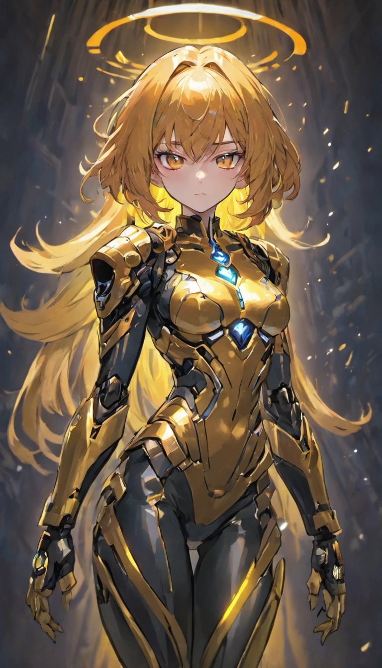 (a female)starcraft ghost character,armored suit,advanced visor,weapon,combat skills,strong and confident posture.[detailed and realistic character design],dynamic action,explosive battlefield,sci-fi style,alien creatures [with sharp teeth and claws],high-tech weapons and gadgets,advanced stealth abilities,night environment,dark color palette and intense lighting,professional concept art,bokeh effect.+(best quality,highres),vivid colors,physically-based rendering,sharp focus,ultra-detailed.(portraits,sci-fi,concept artists), dark blue suit, long orange-golden hair, detailed hair, flowing hair, (gold suit with black details:1.2),