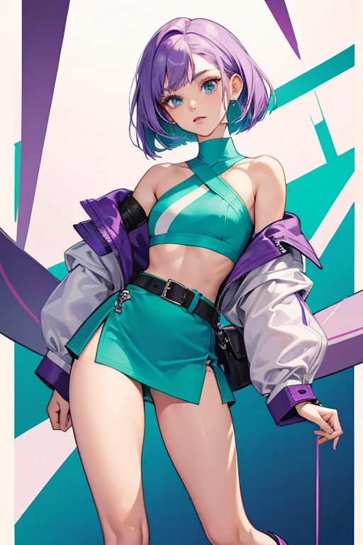 Tecna is a young woman with a light skin tone, teal-blue eyes and magenta-colored hair which is often styled in an asymmetrical bob-cut on the right side with a single small hair strand sticking up. Tecna wears a one-shoulder, lilac crop top-styled shirt with an electric green trim running along the topmost hem, a green miniskirt bound to her waist with a white belt that has a small pouch that rests on her right hip, lilac-colored leggings that stop just below the knees, and lilac-colored knee-high heeled boots each with open toes and a pair of small purple belts that wrap around her calves and ankles.