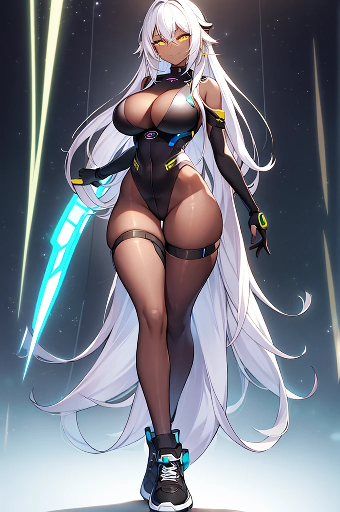 1girl, dark skin, dark-skinned female, white hair, long hair, yellow eyes, large breasts, breasts, wide hips, smug, smirk, smile, bodysuit, black bodysuit, pantyhose, black pantyhose, shoes, sneakers, futuristic, tech, science-fiction, neon trim, white neon trim, white trim, full body, ((full body))