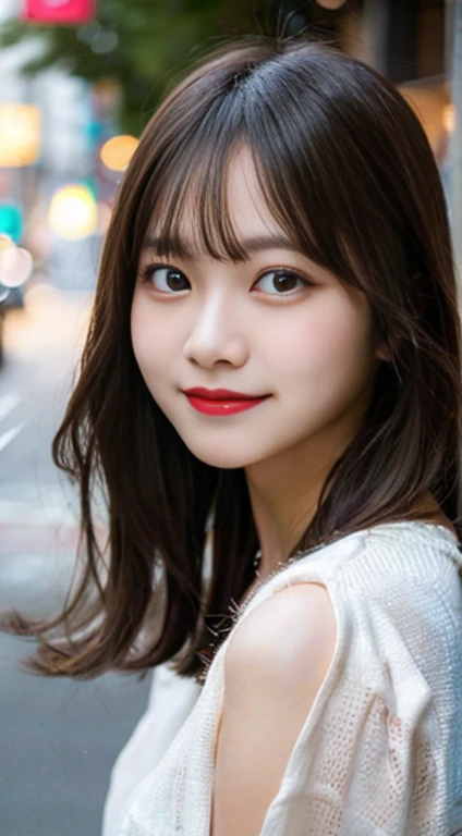 Imagen:「8K、 Best Quality、finely detail、photo-like、realisitic、hight resolution、Beautiful girl at 18 years old、Fine skin」 Background with:「random place、detaileds、realisitic、Face Up」 faces:「baby face makeup、Beautiful detailed eyes、Sareme、Very big eyes、Clean double eyelids、a smile、show teeth、Hairstyle is all back、Unified hair length left and right」 accessoires:「Simple piercing」